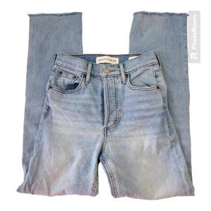 Aritzia Denim Forum The Harlo High Rise Straight light wash raw hem jeans